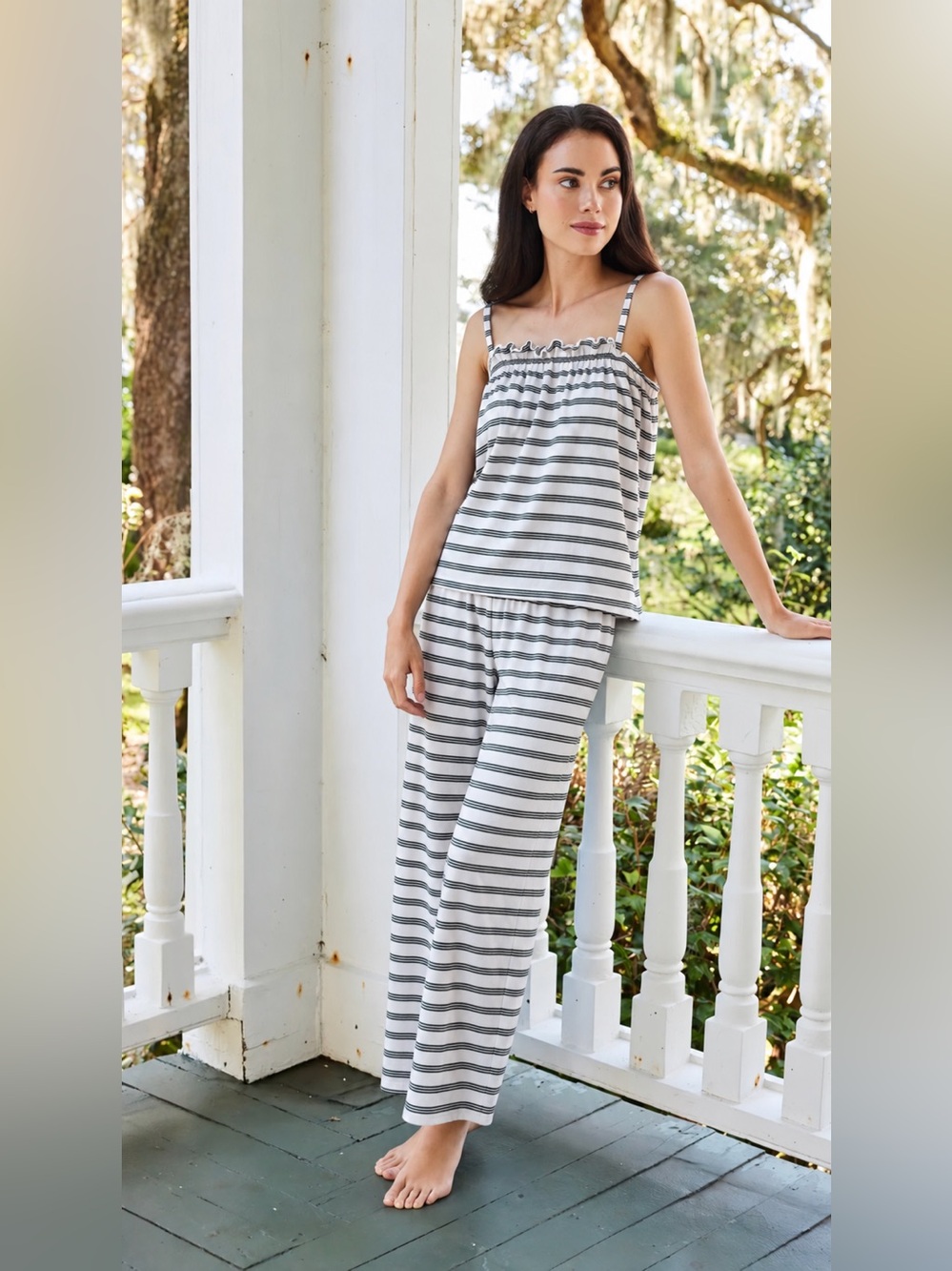 LAKE Pima Ruffle Pants Set in Green Stripe Size XS